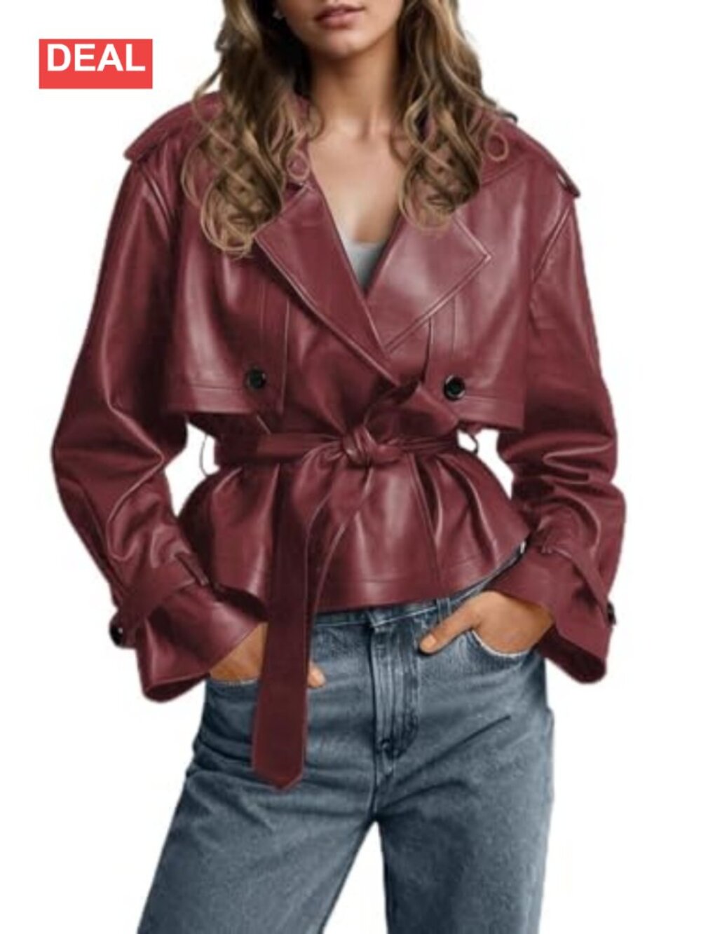 Faux Leather Short Trench Coat Belted Moto Jacket Business Casual